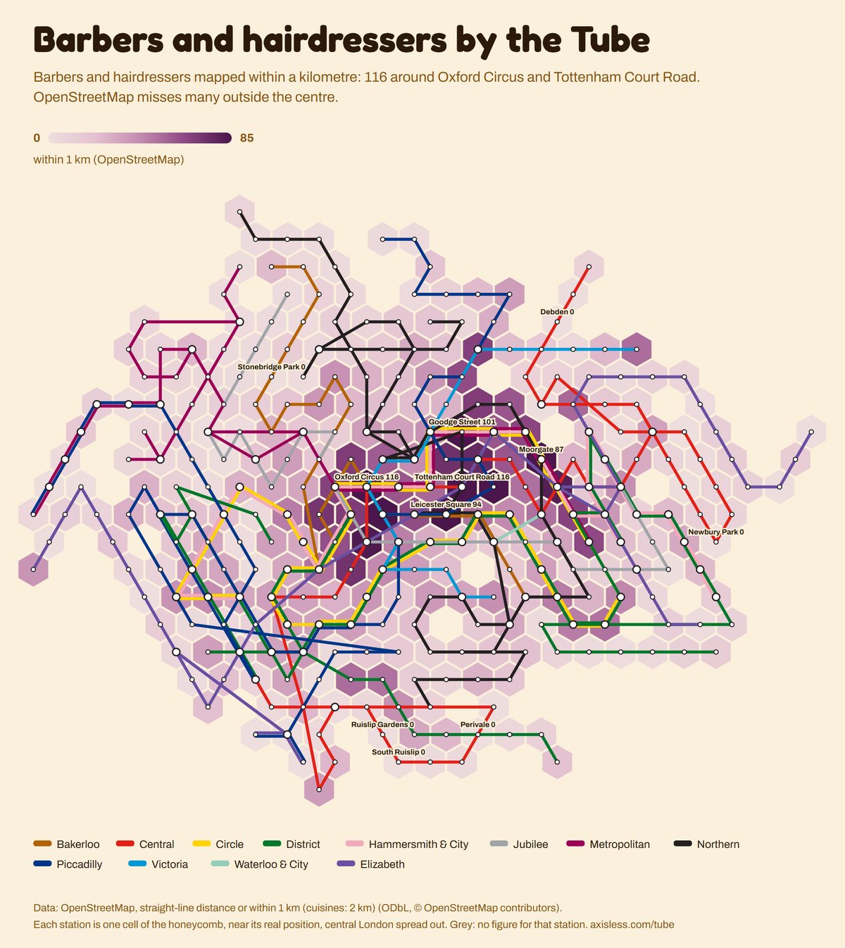 Map, Barbers and hairdressers by the Tube. Every Tube and Elizabeth line station as one cell of a honeycomb map, coloured by within 1 km (OpenStreetMap).