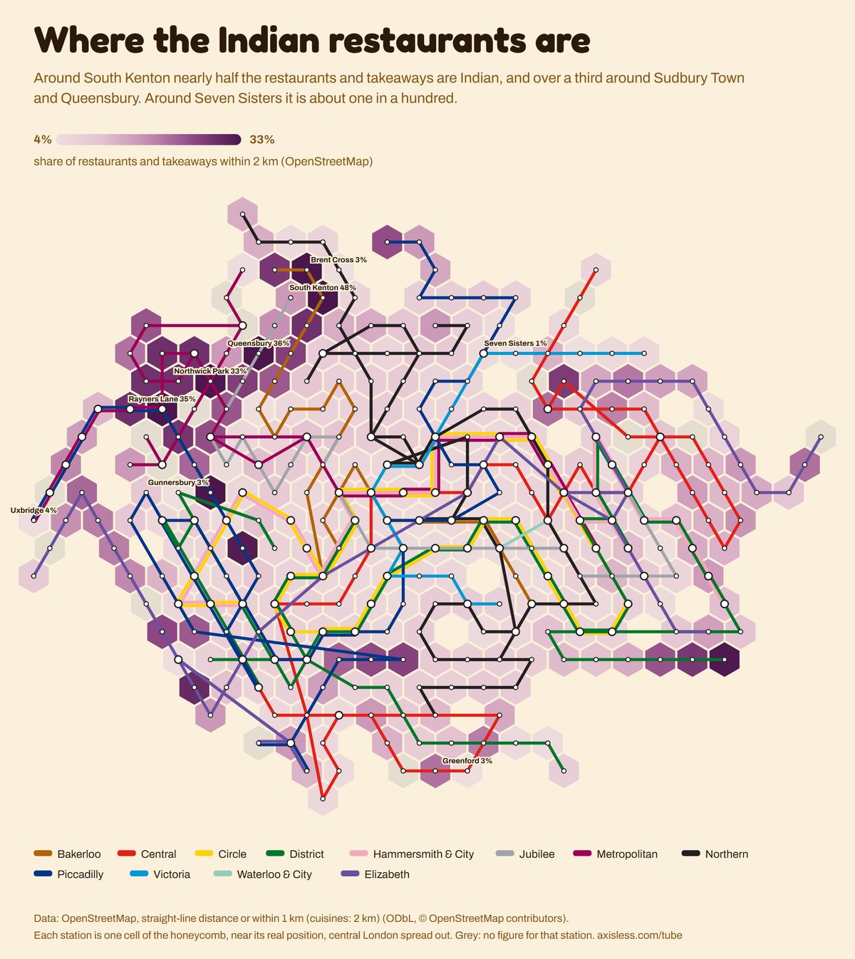 Map, Where the Indian restaurants are. Every Tube and Elizabeth line station as one cell of a honeycomb map, coloured by share of restaurants and takeaways within 2 km (OpenStreetMap).