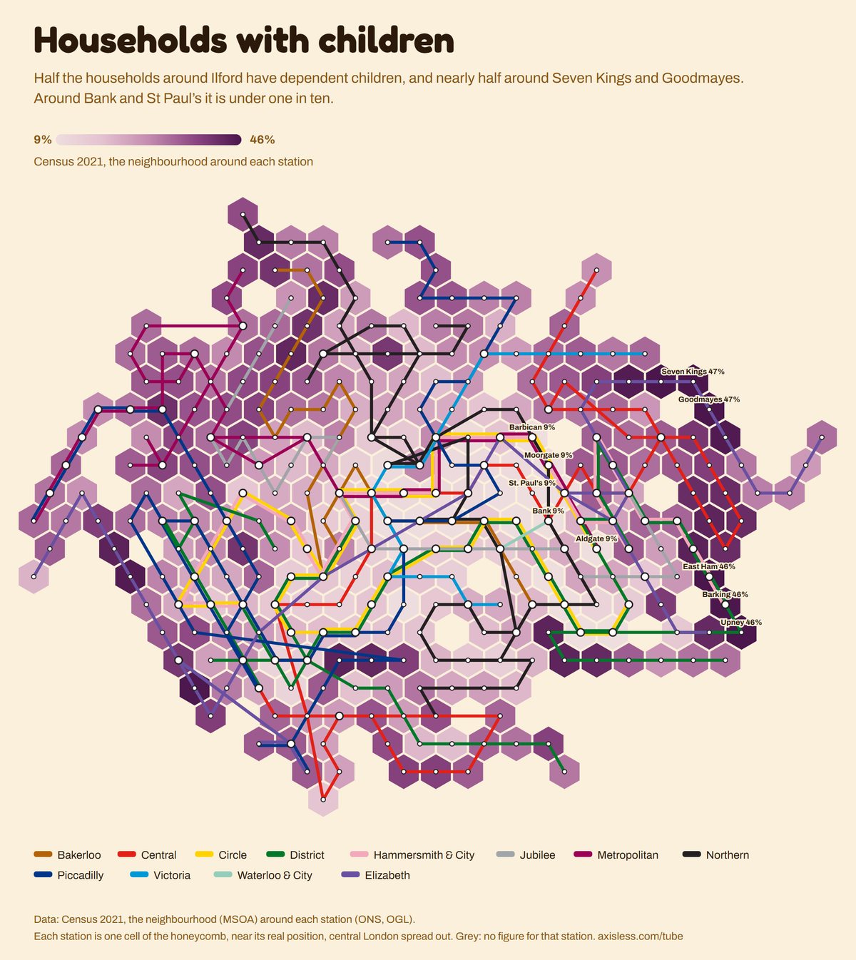 Map, Households with children. Every Tube and Elizabeth line station as one cell of a honeycomb map, coloured by Census 2021, the neighbourhood around each station.